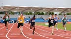 433 Ben Shields (Rotherham) beats 445 Jordan Toth (Holmfirth) and Ricardo Brown (Leeds City AC), under-20 mens 100 metres, Northern Championships, Sport City, Manchester